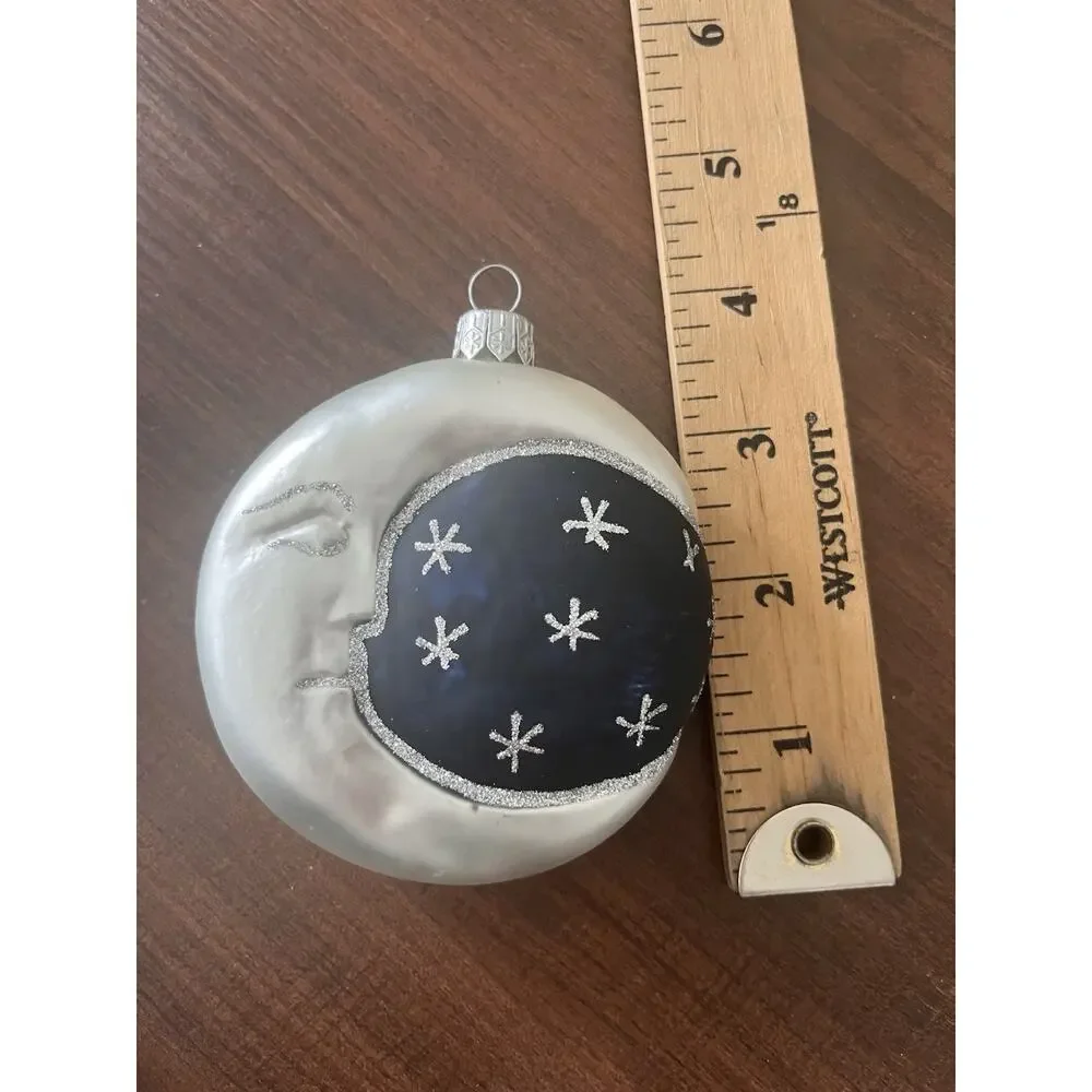 Man In The Moon Face Crescent Glass Christmas Ornament Vintage Double Sided